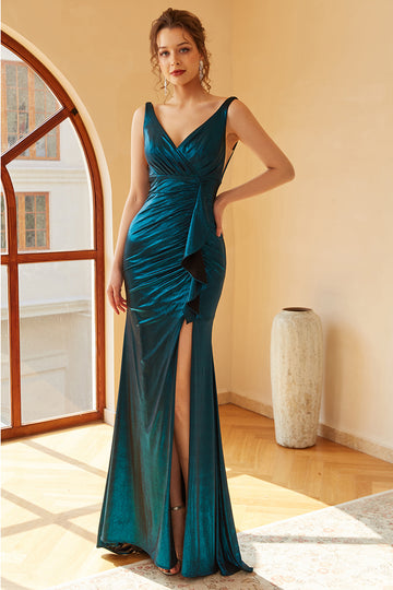 Peacock Blue Ruched Long Prom Dress